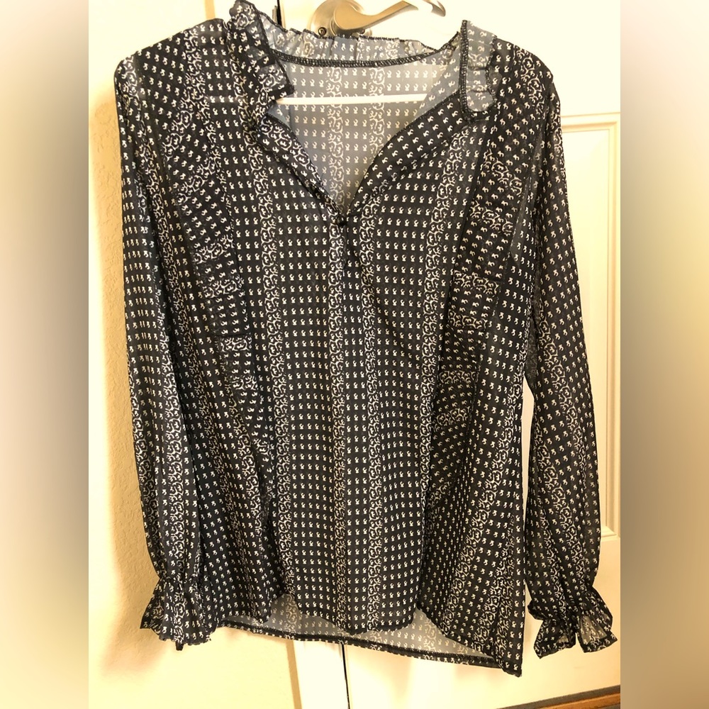 Dark navy, long sleeves, ruffled blouse medium